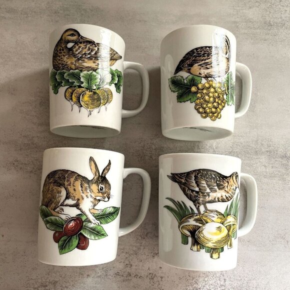 Vintage Saks Fifth Avenue Fitz and Floyd Set of 4 Birds Bunny Handled Mugs RARE - Picture 1 of 8